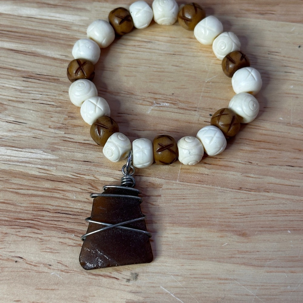 Handmade Brown Sea Glass Wire Wrapped Carved Bone Bead Stretch Bracelet Boho